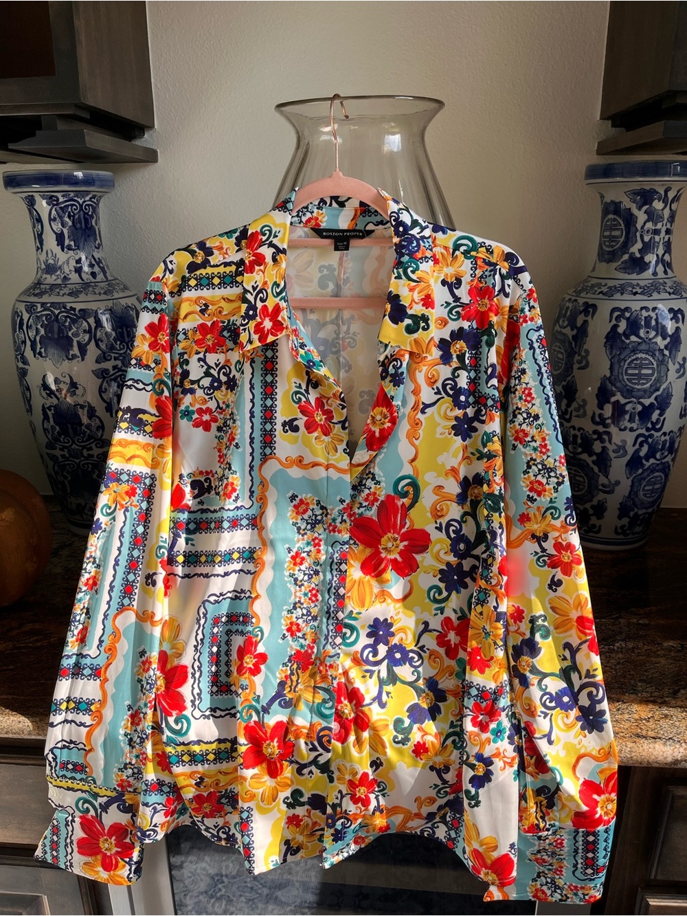 Boston Proper Multicolor Floral Button-Front Blouse
